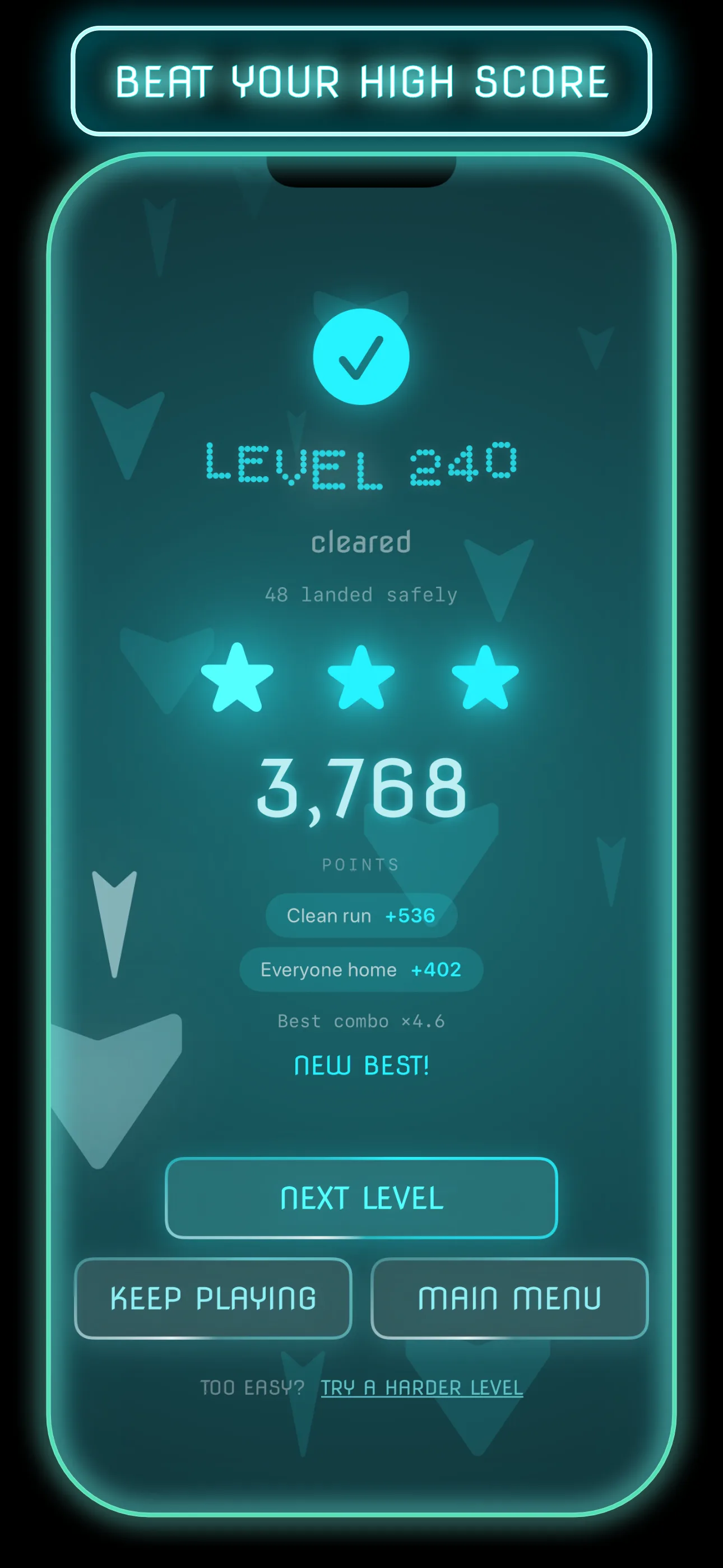 Beat your high score: a level-cleared screen with three stars and a new best