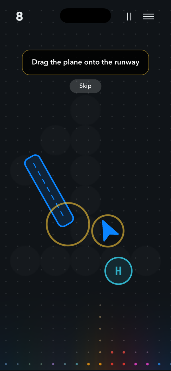 The dark playfield with a runway, a helipad, and the neon equaliser