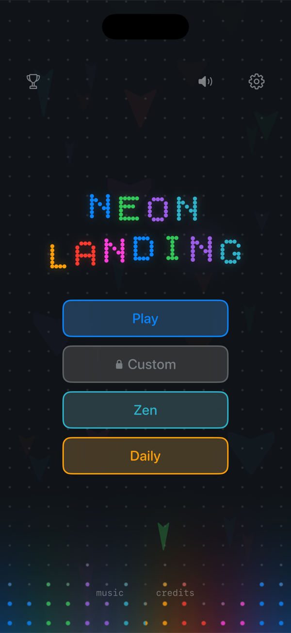 Neon Landing title screen with the glowing NEON LANDING logo